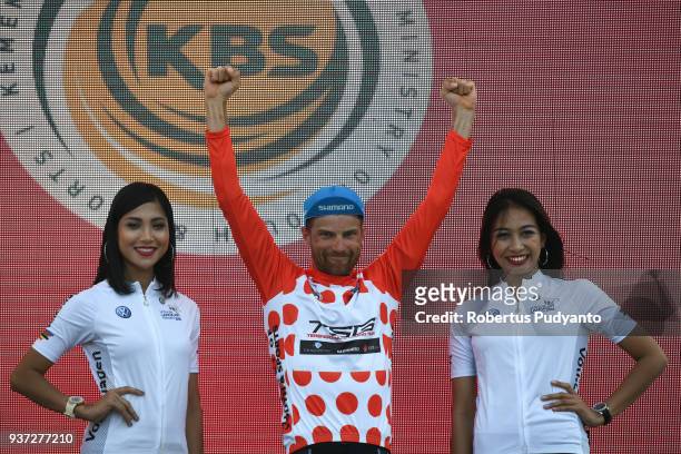 Red Polka Dot jersey winner Artem Ovechkin of Terengganu Cycling Team Malaysia celebrates on the podium during Stage 7 of the Le Tour de Langkawi...