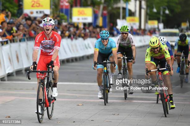 Manuel Belletti of Androni Giocattoli-Sidermec Italy celebrates victory after winning Stage 7 of the Le Tour de Langkawi 2018, Nilai-Muar 222.4 km on...