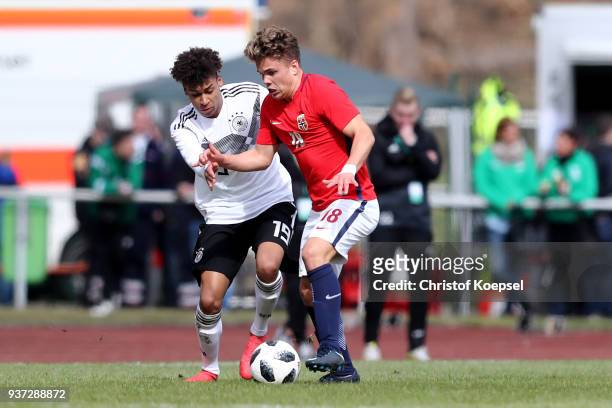Linton Maina of Germany challenges Tobias Svendsen of Norway during the UEFA Under19 European Championship Qualifier match between Germany and Norway...