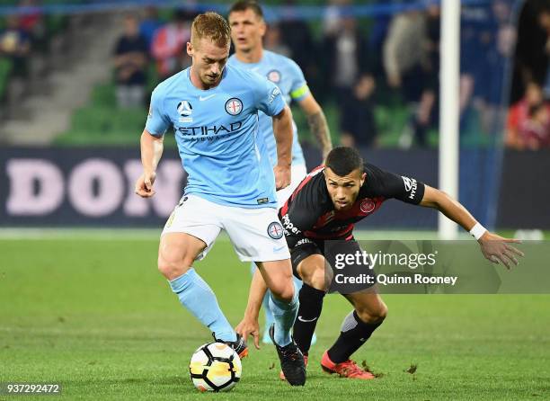 Oliver Bozanic of the City controls the ball during the round 24 A-League match between Melbourne City and the Western Sydney Wanderers at AAMI Park...