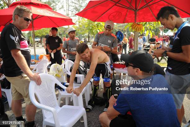 Artem Ovechkin of Terengganu Cycling Team Malaysia prepares during Stage 7 of the Le Tour de Langkawi 2018, Nilai-Muar 222.4 km on March 24, 2018 in...