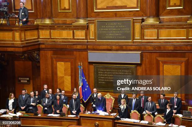 Former Italy's President Giorgio Napolitano announces the name of the new Senate President during the second session at the Chamber of Deputies in...