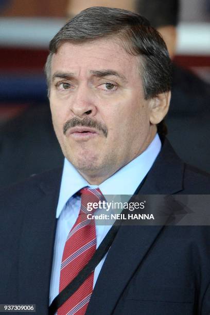 Costa Rica's coach Oscar Ramirez reacts during the International friendly football match between Scotland and Costa Rica at Hampden Park in Glasgow,...