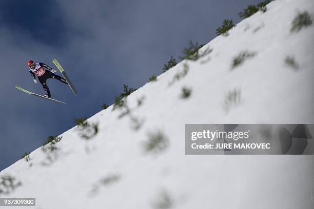 Markus Eisenbichler of Germany competes during the FIS Ski Jumping World Cup Men's Flying Hill Team competition in Planica, Slovenia on March 24,...