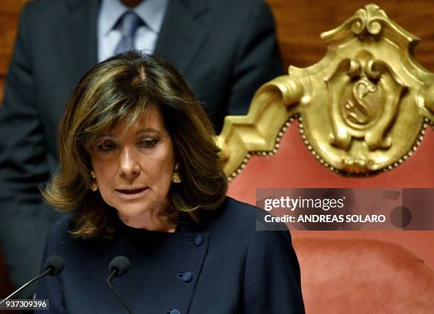 Forza Italia senator Maria Elisabetta Alberti Casellati addresses senators after she was elected Senate President during the second session at the...