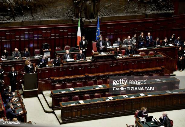 Five Stars Mouvement deputy Roberto Fico addresses deputies after was elected Chamber President during the second session at the Chamber of Deputies...