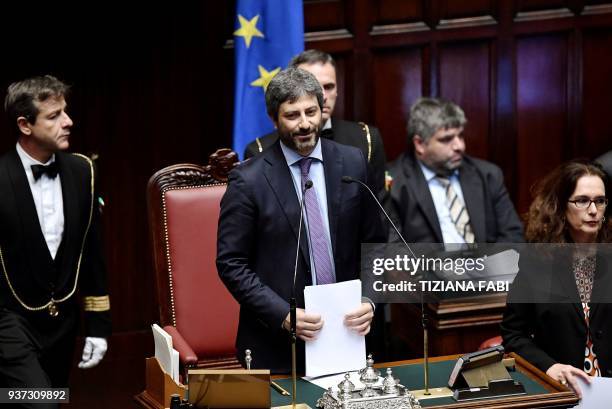 Five Stars Mouvement deputy Roberto Fico smiles as he addresses deputies after was elected Chamber President during the second session at the Chamber...