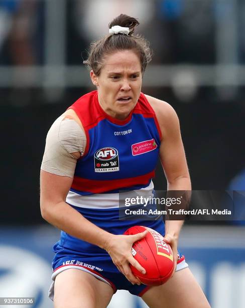 Emma Kearney of the Bulldogs in action during the 2018 AFLW Grand Final match between the Western Bulldogs and the Brisbane Lions at IKON Park on...