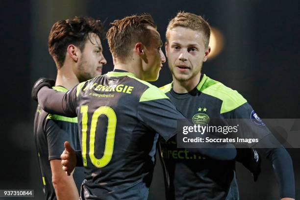 Bram van Vlerken of PSV U23, Marcel Ritzmaier of PSV U23, Dante Rigo of PSV U23 during the Dutch Jupiler League match between Utrecht U23 v PSV U23...