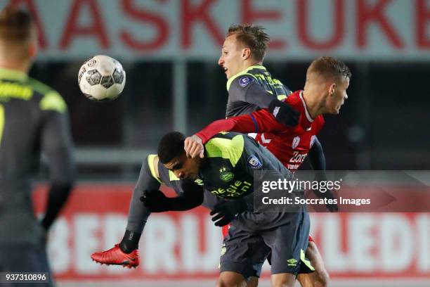 Laros Duarte of PSV U23, Marcel Ritzmaier of PSV U23, Rick Mulder of FC Utrecht U23 during the Dutch Jupiler League match between Utrecht U23 v PSV...