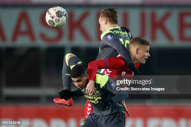 Laros Duarte of PSV U23, Marcel Ritzmaier of PSV U23, Rick Mulder of FC Utrecht U23 during the Dutch Jupiler League match between Utrecht U23 v PSV...