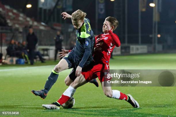 Dani van der Moot of PSV U23, Tim Brinkman of FC Utrecht U23 during the Dutch Jupiler League match between Utrecht U23 v PSV U23 at the Sportpark De...