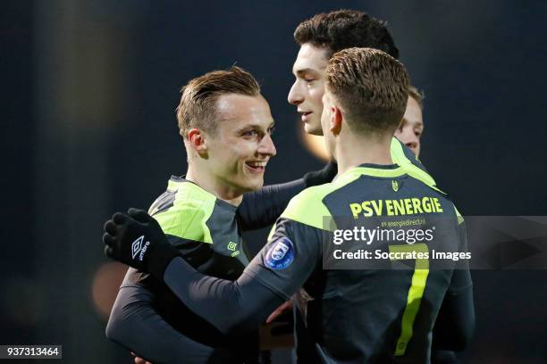 Marcel Ritzmaier of PSV U23, Maxime Soulas of PSV U23, Matthias Verreth of PSV U23 during the Dutch Jupiler League match between Utrecht U23 v PSV...