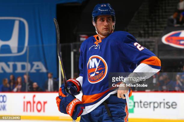 Brock Nelson of the New York Islanders skates against the Tampa Bay Lightning at Barclays Center on March 22, 2018 in New York City. Tampa Bay...