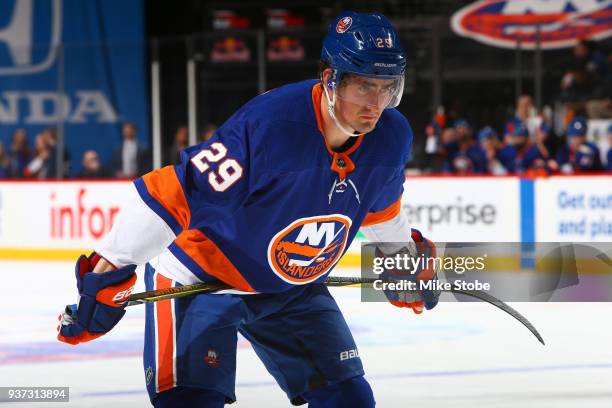 Brock Nelson of the New York Islanders skates against the Tampa Bay Lightning at Barclays Center on March 22, 2018 in New York City. Tampa Bay...