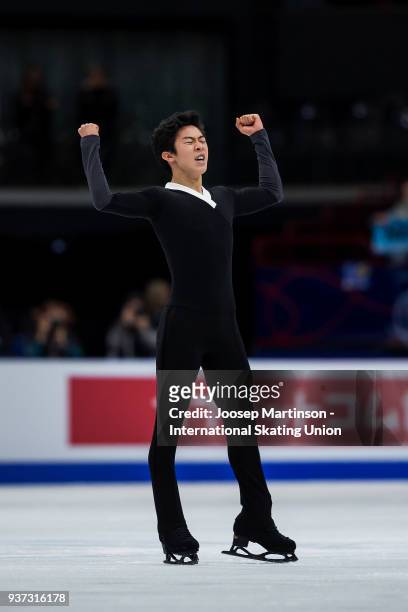 Nathan Chen of the United States reacts in the Men's Free Skating during day four of the World Figure Skating Championships at Mediolanum Forum on...