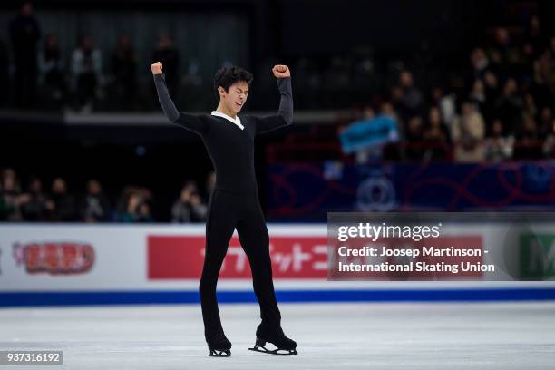 Nathan Chen of the United States reacts in the Men's Free Skating during day four of the World Figure Skating Championships at Mediolanum Forum on...