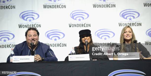 Actrors Greg Grunberg, Dania Ramirez and Julie Nathanson attend Day 1 of WonderCon held at Anaheim Convention Center on March 23, 2018 in Anaheim,...