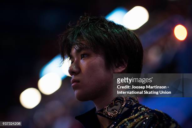 Shoma Uno of Japan looks on in the Men's Free Skating during day four of the World Figure Skating Championships at Mediolanum Forum on March 24, 2018...
