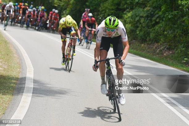Johann Van Zyl from Dimension Data tries to attack in the hill during the seventh stage, the 222.4 km from Nilai to Muar, of the 2018 Le Tour de...