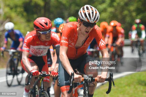 Kyle Murphy from Rally Cycling leads a second pack during the seventh stage, the 222.4 km from Nilai to Muar, of the 2018 Le Tour de Langkawi. On...