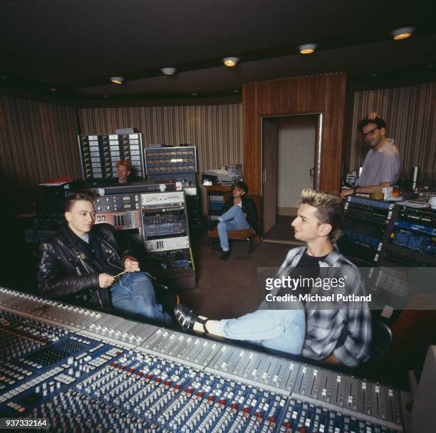 British synthpop band Depeche Mode in recording studio during the making of the Some Great Reward album, Berlin, July 1984.