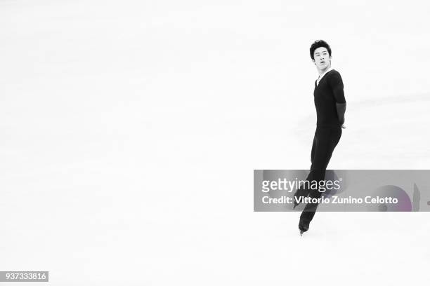 Nathan Chen of the United States competes in the Men's Free Skating during day four of the World Figure Skating Championships at Mediolanum Forum on...
