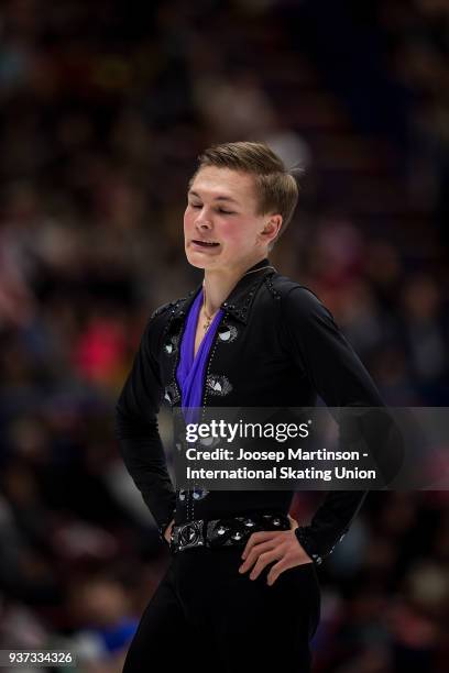 Mikhail Kolyada of Russia reacts in the Men's Free Skating during day four of the World Figure Skating Championships at Mediolanum Forum on March 24,...