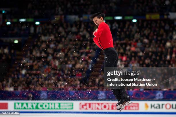 Vincent Zhou of the United States competes in the Men's Free Skating during day four of the World Figure Skating Championships at Mediolanum Forum on...