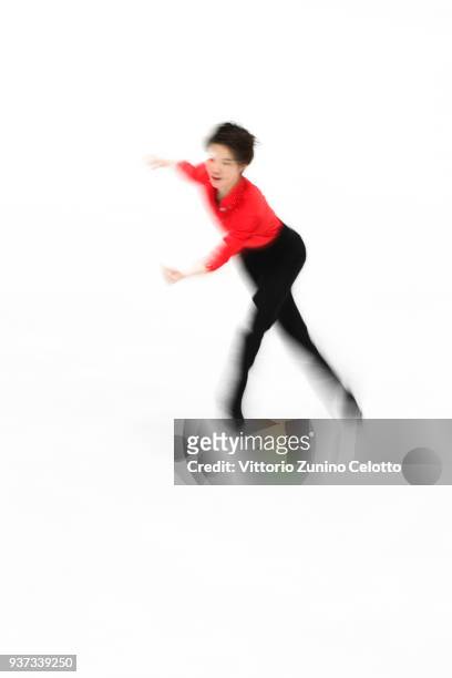 Kazuki Tomono of Japan competes in the Men's Free Skating during day four of the World Figure Skating Championships at Mediolanum Forum on March 24,...