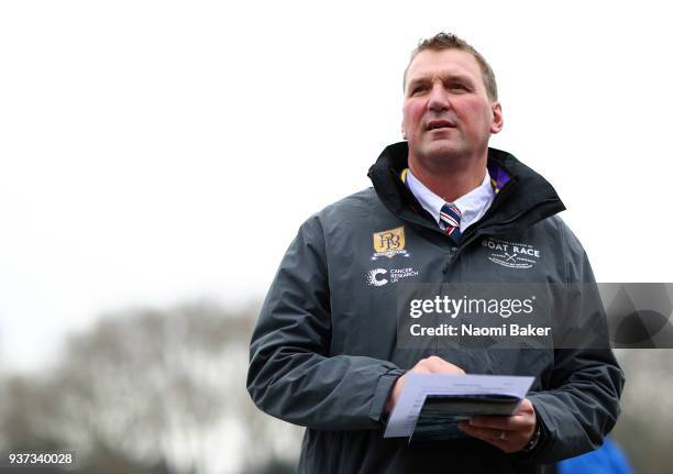 Umpire Sir Matthew Pinsent looks on at the coin toss prior to The Cancer Research UK Womens Boat Race 2018 on March 24, 2018 in London, England.