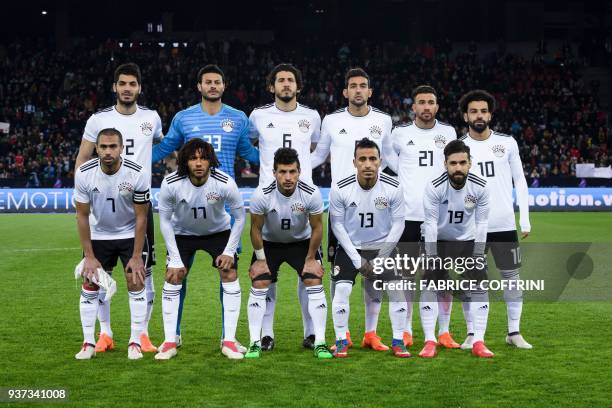 Egypt national football squad second row: defender Ahmed El Mohamady, goalkeeper Mohamed El Shenawy, defender Ahmed Hegazi, midfielder Hamed Hasan,...