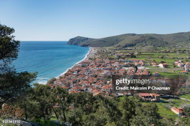 view of skala eresos, mytilene, lesvos, greece. eresos is the birthplace of the poet sappho - lesbos stockfoto's en -beelden