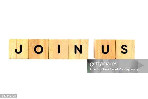 join us text on wooden blocks on white background - registration form stock pictures, royalty-free photos & images