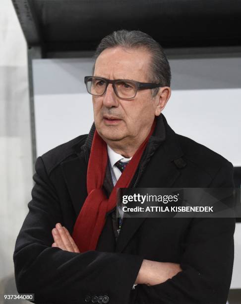 New headcoach of the Hungarian national football team, Belgian Georges Leekens looks on during his premier prior to the friendly football match...