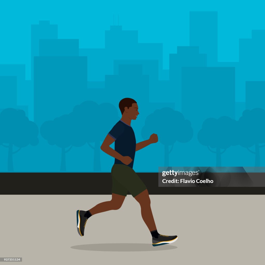 Black man jogging with cityscape on the background illustration