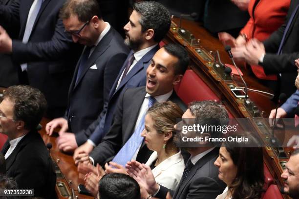 Five Stars Movement deputies and their leader Luigi Di Maio exult at Palazzo Montecitorio as their candidate Roberto Figo has been elected as new...