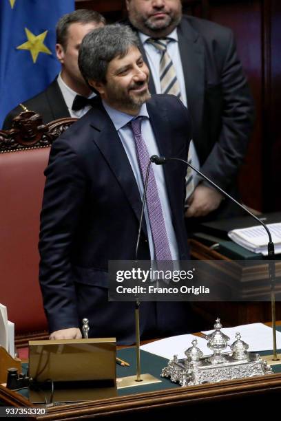 Newly elected President of Chamber of Deputies Roberto Fico of Five Stars Movement holds his speech as president at Palazzo Montecitorio on March 24,...