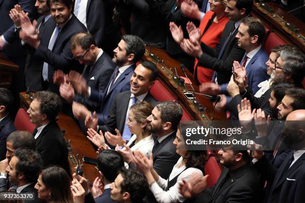 Five Stars Movement deputies and their leader Luigi Di Maio exult at Palazzo Montecitorio as their candidate Roberto Figo has been elected as new...