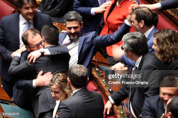 Five Stars Movement deputies and their leader Luigi Di Maio exult at Palazzo Montecitorio as their candidate Roberto Figo has been elected as new...