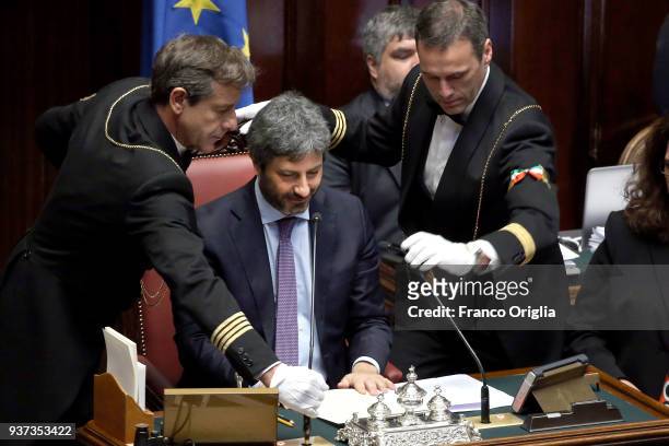 Newly elected President of Chamber of Deputies Roberto Fico of Five Stars Movement holds his speech as president at Palazzo Montecitorio on March 24,...