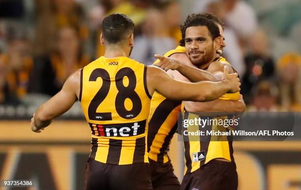 Cyril Rioli of the Hawks celebrates during the 2018 AFL round 01 match between the Hawthorn Hawks and the Collingwood Magpies at the Melbourne...