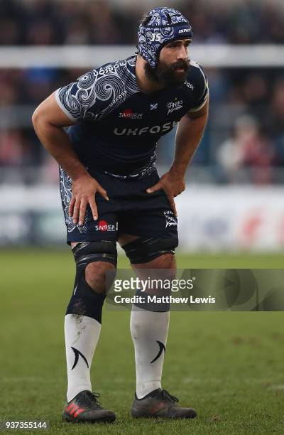Josh Strauss of Sale Sharks in action during the Aviva Premiership match between Sale Sharks and Worcester Warriors at AJ Bell Stadium on March 24,...