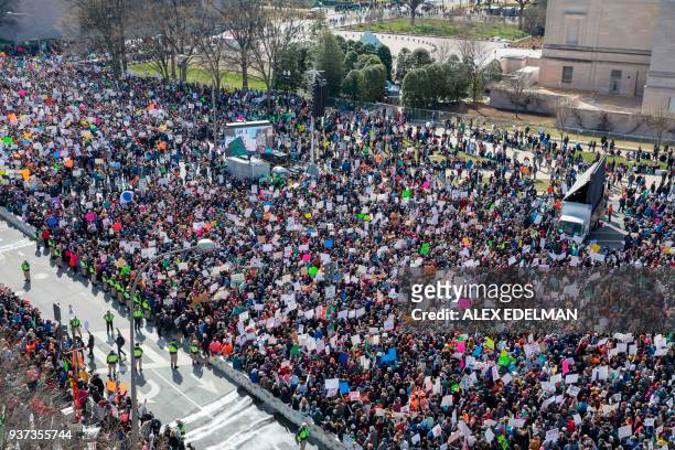 The crowd at the March for Our Lives Rally as seen from the roof of the Newseum in Washington, DC on March 24, 2018. Galvanized by a massacre at a...