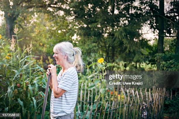 mature woman working in her vegetable garden - garden summer enjoy stock-fotos und bilder