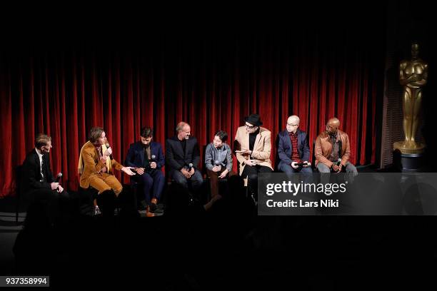 Moderator Joe McGovern, producer, writer and director Wes Anderson, writer Jason Schwartzman, producer Jeremy Dawson, actor Koyu Rankin, actor Jeff...