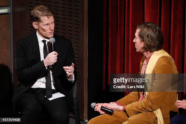 Moderator Joe McGovern and producer, writer and director Wes Anderson on stage during The Academy of Motion Picture Arts & Sciences Official Academy...