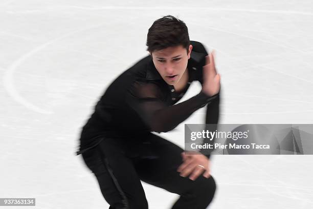 Ivan Pavlov of Ukraine competes in the Men's Short Program during day two of the World Figure Skating Championships at Mediolanum Forum on March 22,...