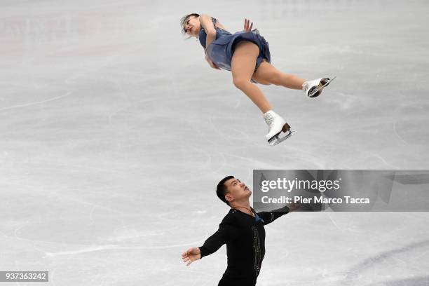 Xiaoyu Yu and Hao Zhang of China compete in the Pairs Short Program during day two of the World Figure Skating Championships at Mediolanum Forum on...
