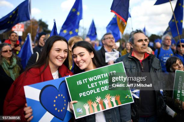 Protestors take part in a March for Europe march and rally on March 24, 2018 in Edinburgh, Scotland. Organised by the Young European Movement...